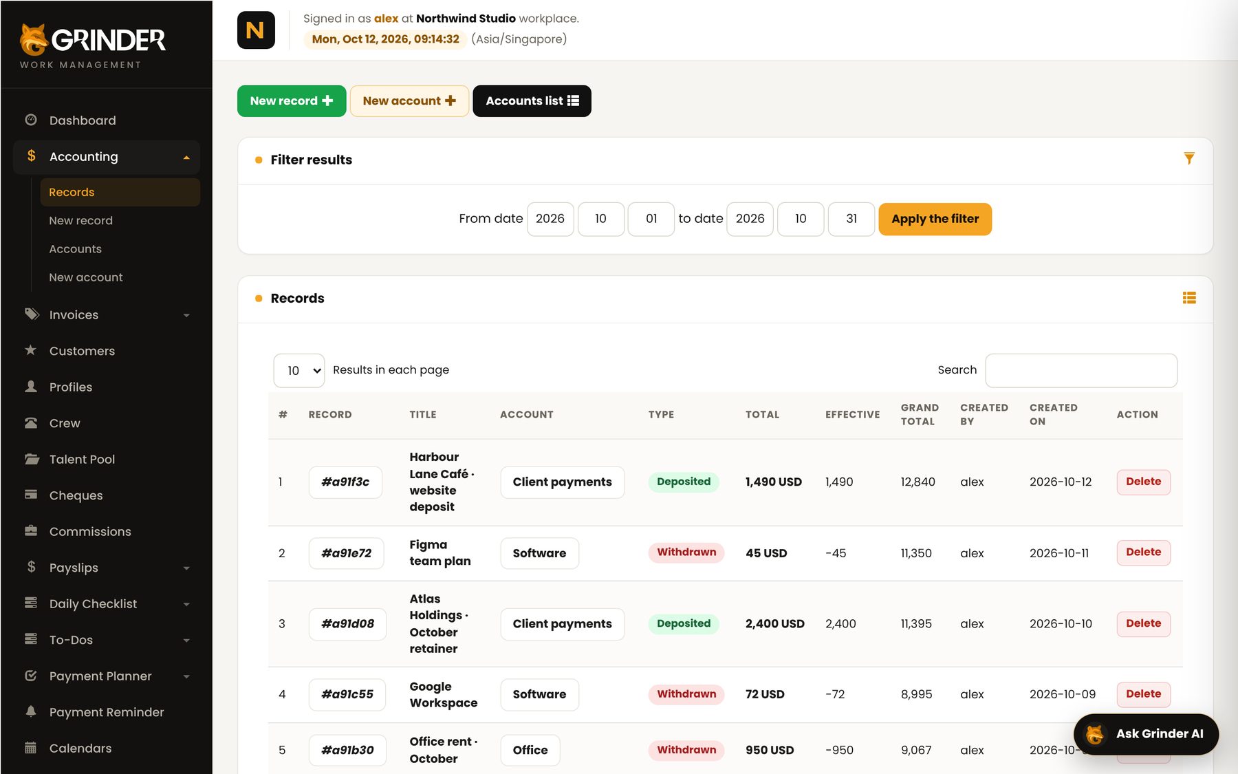 Grinder accounting records with deposits, withdrawals and running totals