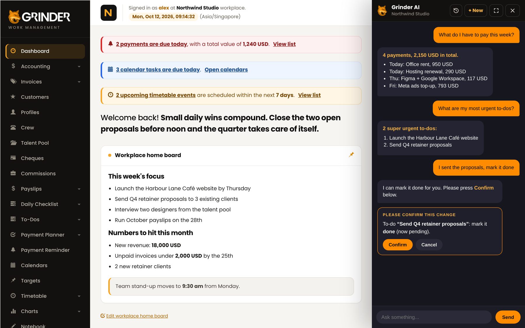 Grinder AI answering questions about payments due and unpaid invoices