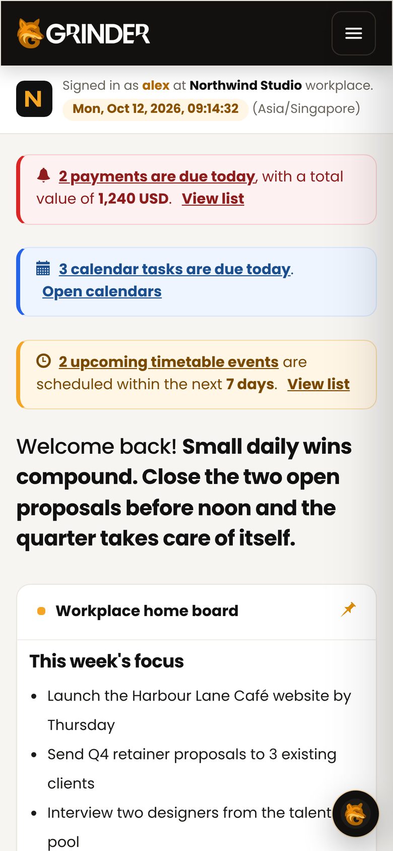 Grinder dashboard on a phone