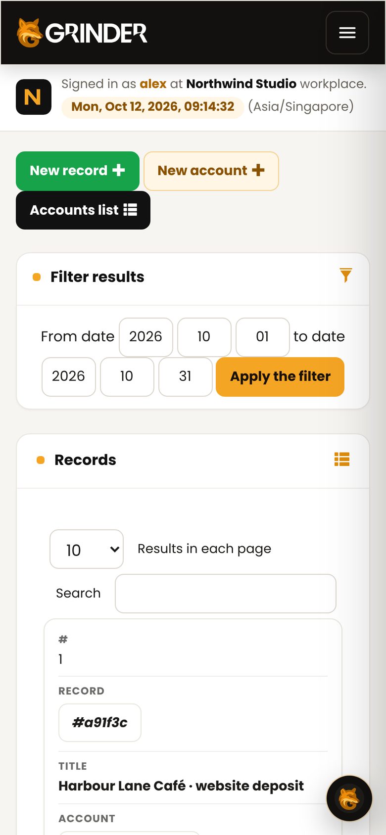 Grinder accounting records on a phone