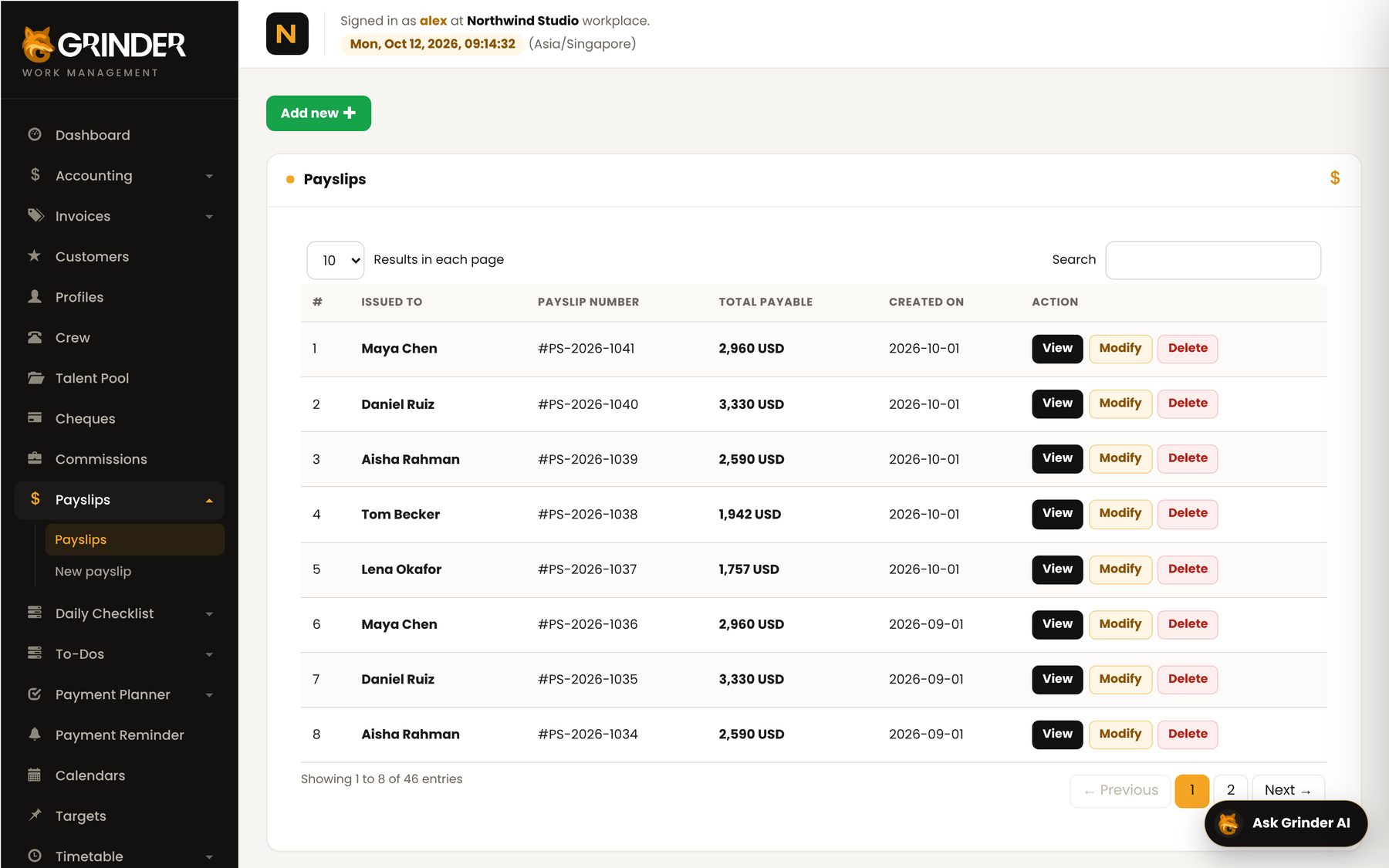 Grinder payslips list with payslip numbers, totals and actions