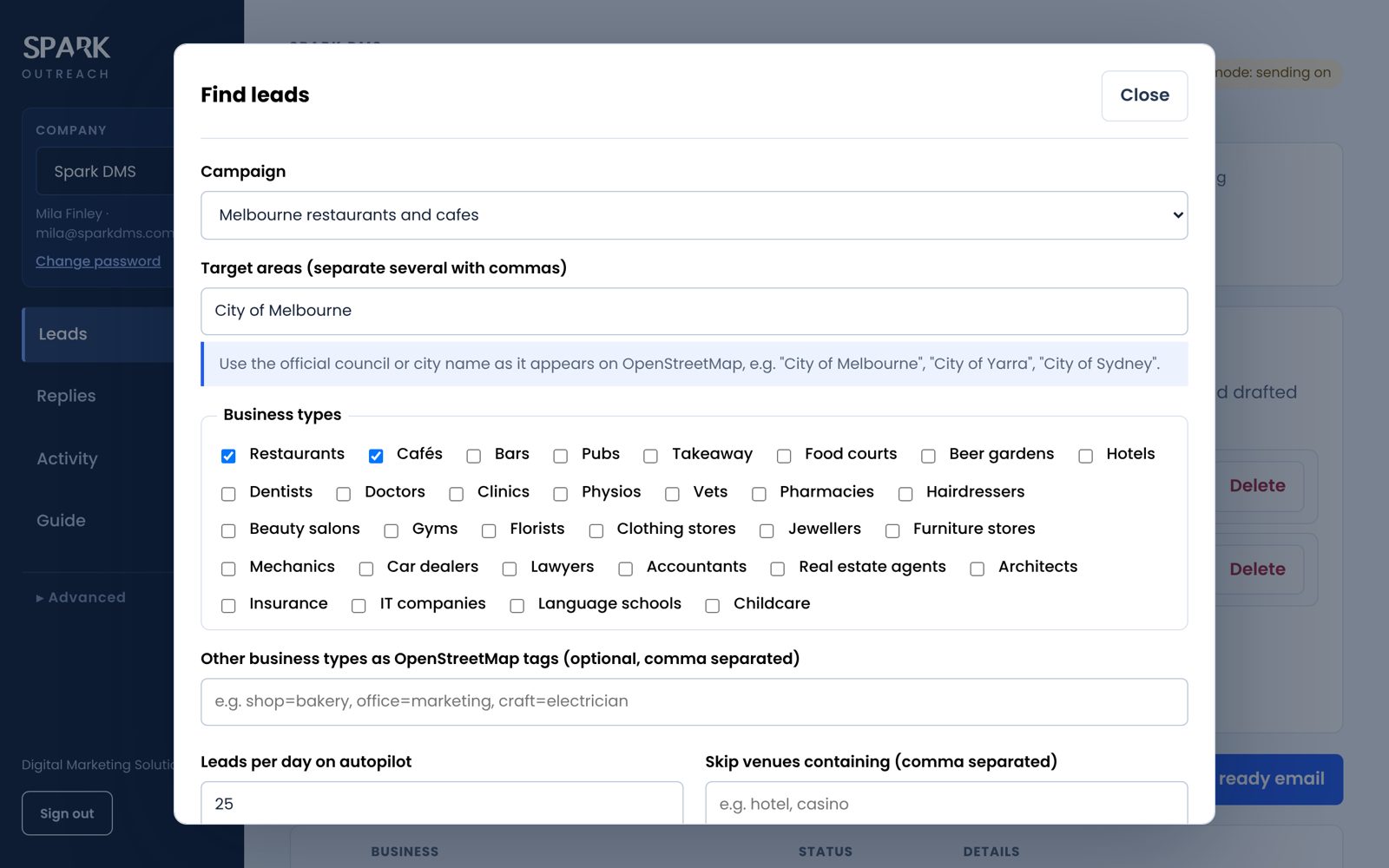 Lead finder: choose areas and business types