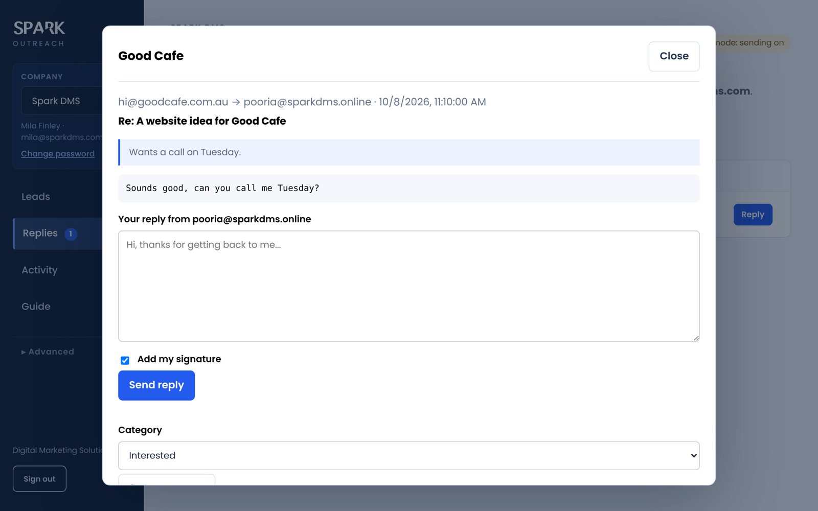 Reply from the dashboard